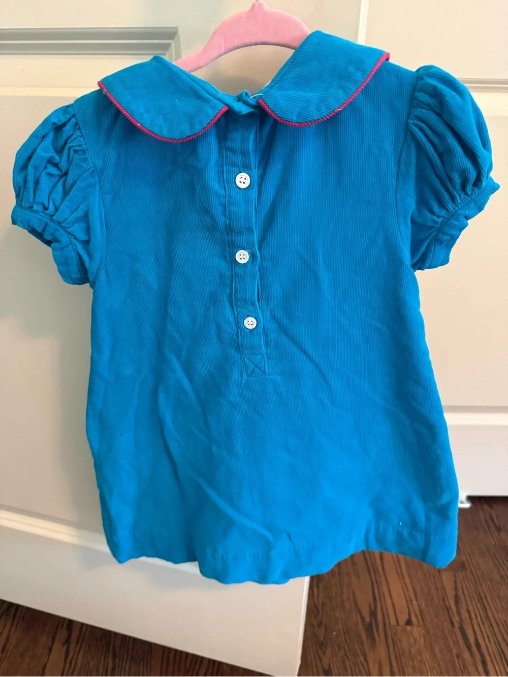 Bright Teal Girls Dress with Pink Piping and W Monogram